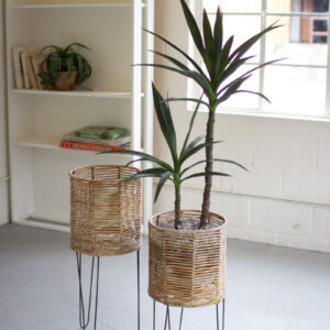 Round Seagrass Planters with Iron Bases - Set of 2
