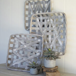 Grey Wash Square Woven Split Wood Baskets - Set of 3