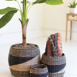 Round Black and Natural Seagrass Baskets - Set of 3