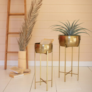 Brass Finish Planters with Stands - Set of 2
